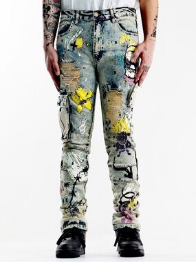 Maison Noir Men’s Distressed Skinny Skull Colorful Streetwear Grunge Zip Jeans